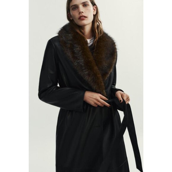 ZARA FAUX LEATHER COAT WITH DETACHABLE COLLAR - Picture 1 of 11